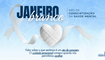 Image from the Janeiro Branco campaign featuring a white ribbon, yarn heart, and a message about emotional care.